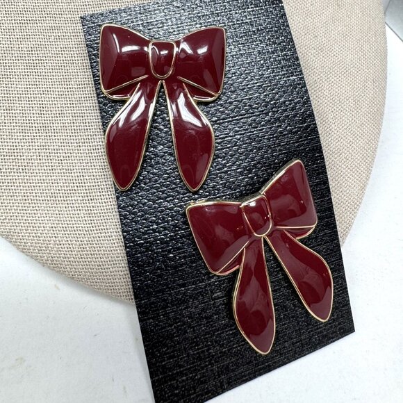 Vintage Red Bow Earrings Enamel Gold-Tone Statement Pierced Earrings - Picture 3 of 5